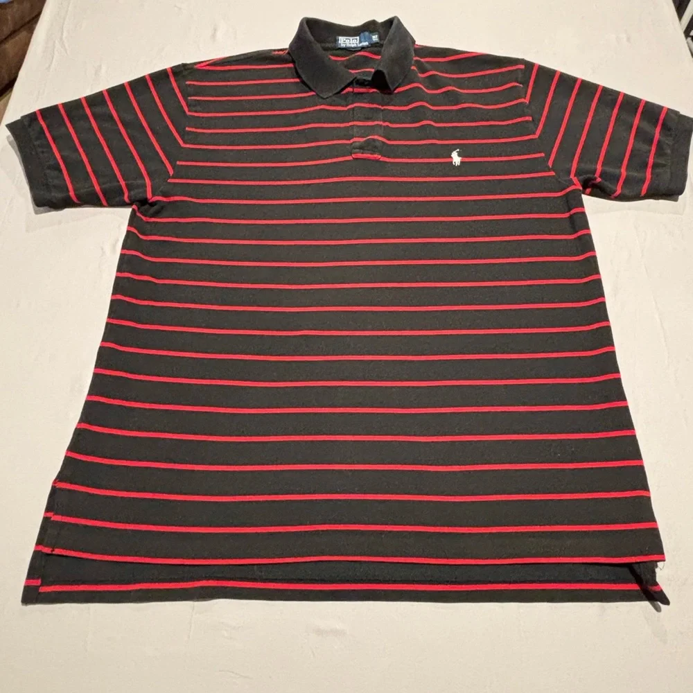 Polo Ralph Lauren XLT Tall Black & Red Striped Mesh‎ Polo Shirt Classic Fit
